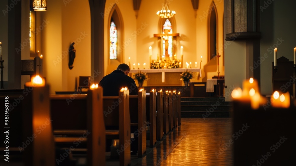Hombre rezando solo en una iglesia, rodeado de la luz cálida de las velas durante el Día de Todos los Santos. La escena transmite serenidad, devoción y un profundo sentido de espiritualidad. Hombre rezando solo en una iglesia, rodeado de la luz cálida de las velas durante el Día de Todos los Santos. La escena transmite serenidad, devoción y un profundo sentido de espiritualidad.