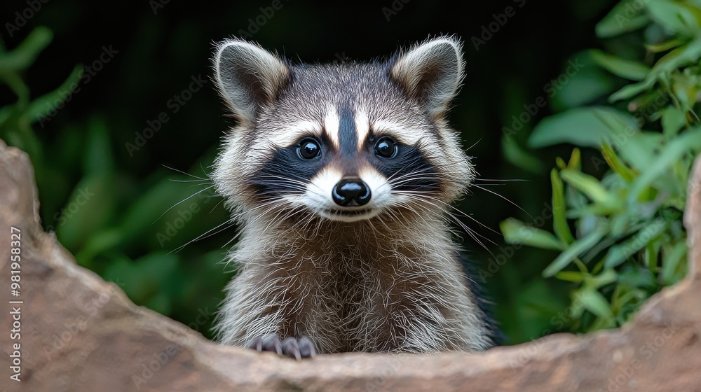 A curious raccoon peeking out from behind a rock in a lush green setting during the day A curious raccoon peeking out from behind a rock in a lush green setting during the day