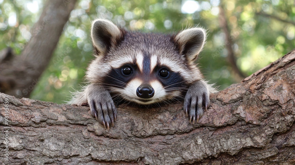 Curious raccoon perched on tree branch in a lush forest, enjoying a moment of stillness during the afternoon light Curious raccoon perched on tree branch in a lush forest, enjoying a moment of stillness during the afternoon light