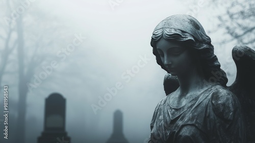 Estatuilla de un ángel en un cementerio entre la niebla durante el Día de Todos los Santos. La atmósfera oscura y melancólica evoca un sentimiento de paz, luto y recuerdo espiritual.