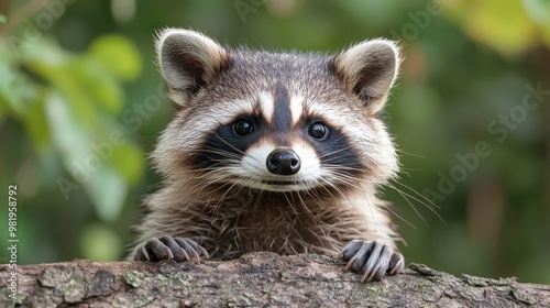 A curious raccoon peeking over a branch in a lush forest setting during the daytime