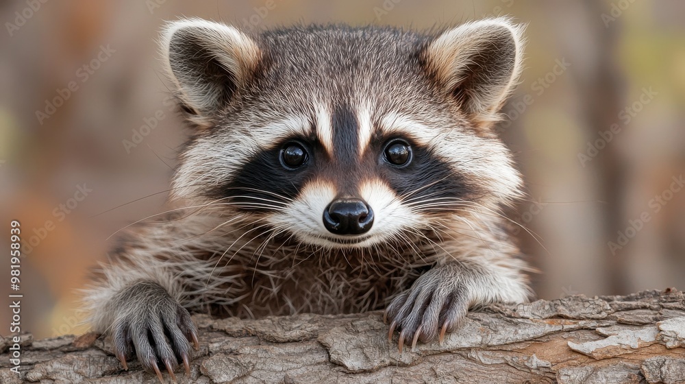 Curious raccoon peering over a wooden log in a natural forest setting during the daytime Curious raccoon peering over a wooden log in a natural forest setting during the daytime