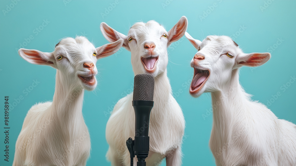 Fototapeta premium Three goats standing near a professional microphone, appearing as if they are singing against a turquoise background