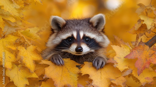 A curious raccoon peeking through vibrant autumn leaves in a colorful forest during sunny fall weather