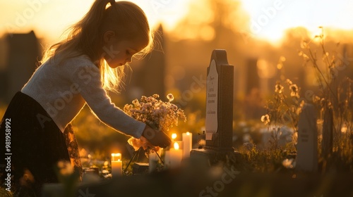 Niña colocando flores sobre una tumba iluminada por la luz del atardecer durante el Día de Todos los Santos. La escena evoca paz, recuerdo y respeto por los seres queridos. photo