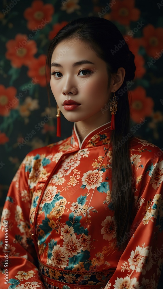 Woman in a flowery Chinese dress. Woman in a flowery Chinese dress.