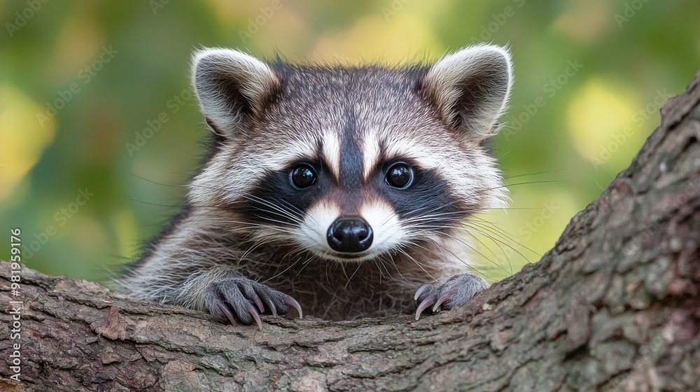 Raccoon peering curiously from a tree branch in a vibrant forest during daylight hours Raccoon peering curiously from a tree branch in a vibrant forest during daylight hours