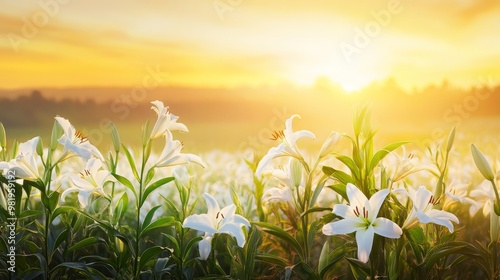 Campo de lirios blancos iluminados por la luz del amanecer en el Día de Todos los Santos. La luz dorada del sol que se eleva simboliza la pureza y la renovación espiritual.