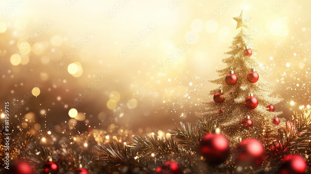 Fototapeta premium Creative gold christmas tree with red balls and glitter on blurred, sparkling lights background. Festive mockup banner with baubles decoration and copy space.
