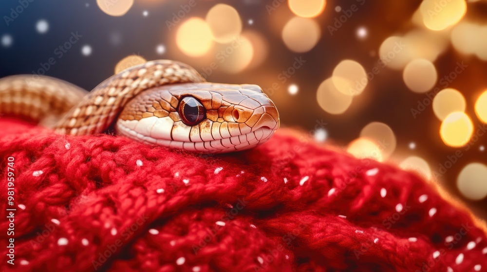 Cute snake in a red knitted blanket against the background of New Year's bokeh. symbol of the new year - snake, illustration of a snake for a calendar, postcard or congratulations for the new year Cute snake in a red knitted blanket against the background of New Year's bokeh. symbol of the new year - snake, illustration of a snake for a calendar, postcard or congratulations for the new year