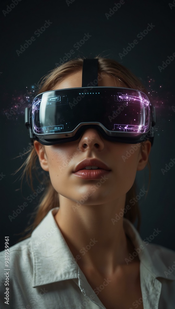 Woman in futuristic VR glasses engaging with digital data. Woman in futuristic VR glasses engaging with digital data.