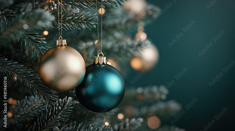 Fototapeta premium Elegant Gold and Teal Christmas Ornaments Hanging on a Green Holiday Tree with Glittering Snowflakes, Perfect for a Luxurious Winter Holiday Design