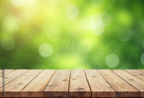 Empty wooden table top with blurred green garden