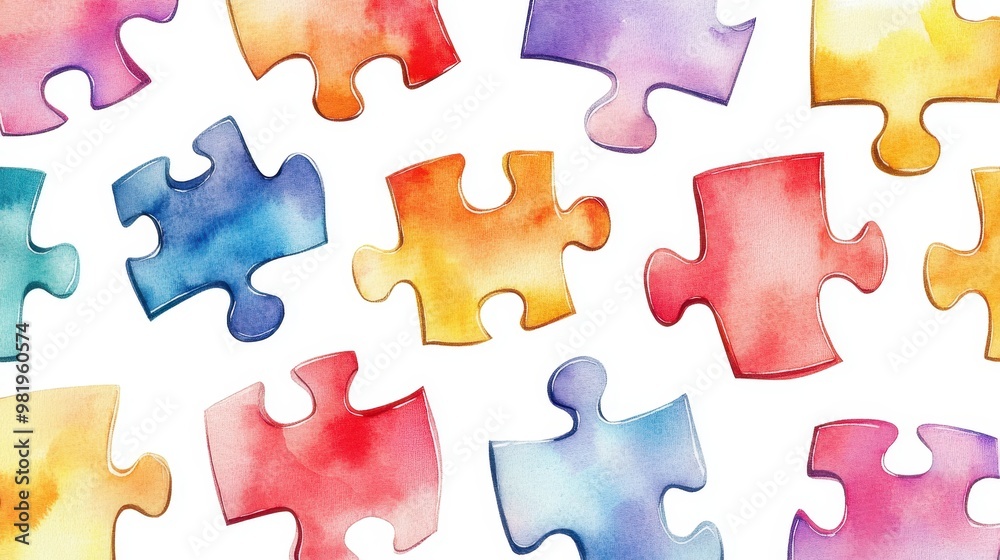 Obraz premium Watercolor of colorful jigsaw puzzles isolated on white background,Watercolor hand drawn illustrations,kid teamwork,cartoon style,Concept of autism awareness day, board children games.