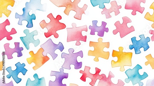 Watercolor of colorful jigsaw puzzles isolated on white background,Watercolor hand drawn illustrations,kid teamwork,cartoon style,Concept of autism awareness day, board children games.