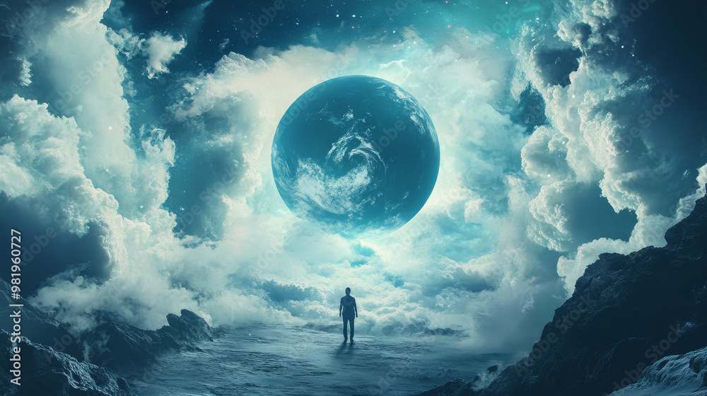 Imagine a 2D illustration that beautifully encapsulates a dreamlike, motivational scene featuring a person in an imaginative world centered around the Earth.v Imagine a 2D illustration that beautifully encapsulates a dreamlike, motivational scene featuring a person in an imaginative world centered around the Earth.v