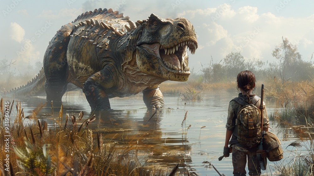 Fototapeta premium Tyrannosaurus Rex Encounter: A Woman Faces a Prehistoric Beast