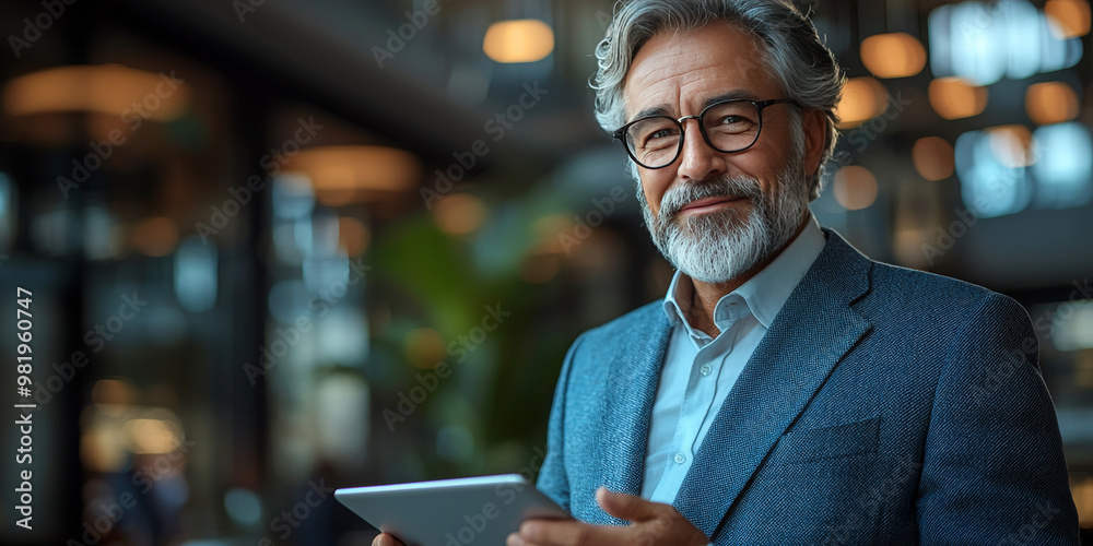 Fototapeta premium Smiling businessman holding a tablet.