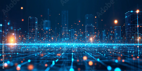 A glowing, interconnected city with visible network lines connecting buildings, symbolizing the concept of an intelligent, interconnected smart city