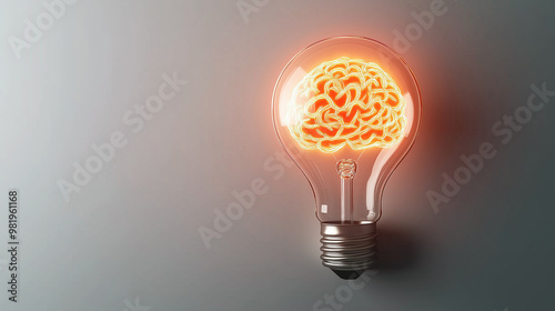 A lit bulb with a brain outline glowing inside, capturing the essence of imagination, creative thought, and innovation on a subtle grey backdrop. photo