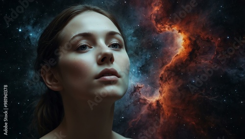 Woman with a nebula superimposed on her face, gazing upwards.