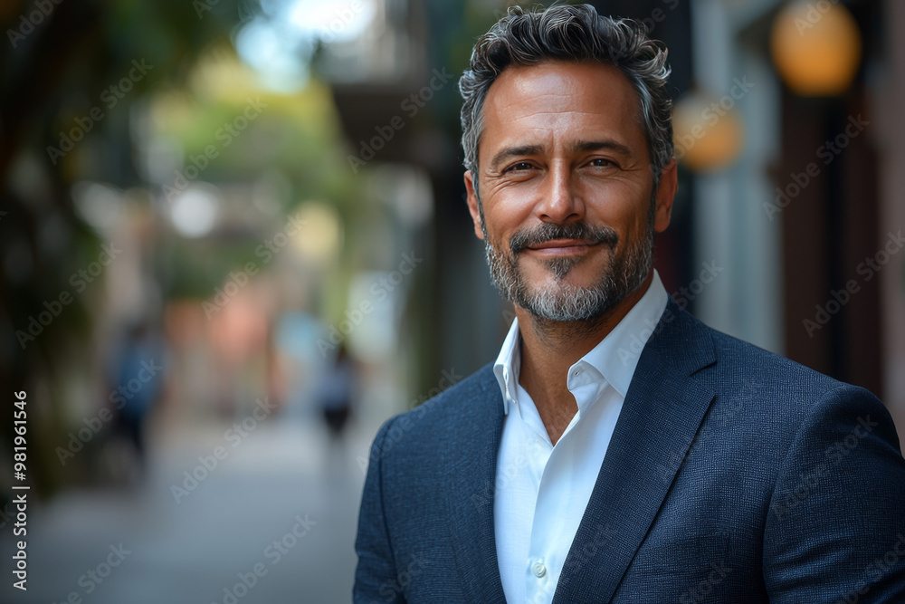 Smiling man in a suit standing outside. Smiling man in a suit standing outside.