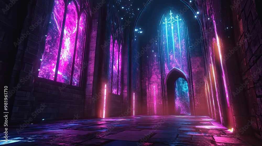 A Neon-Lit Stone Corridor With Glowing Windows A Neon-Lit Stone Corridor With Glowing Windows
