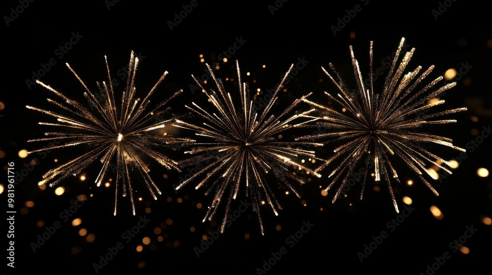 Fototapeta premium Golden fireworks with bokeh effects creating an abstract New Year ambiance, space for text placement. Realistic fireworks isolated on dark backdrop, adding a touch of festive celebration.