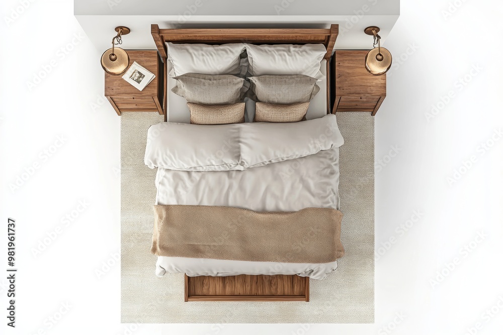 Overhead View Throw Rug Overhead view of a bed with a wooden headboard and frame, white linens ...