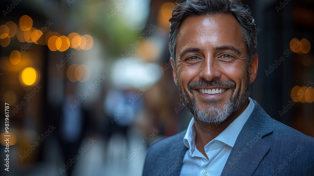A man in a suit smiles brightly while walking on a city street. A man in a suit smiles brightly while walking on a city street.