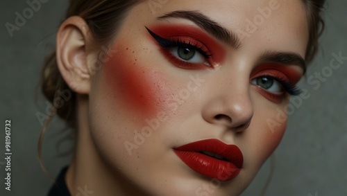 Woman with bold red and black makeup, dramatic eyeshadow, and eyeliner