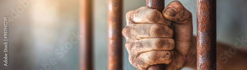 A close-up of a hand gripping a rusty prison bar, symbolizing confinement and the struggle for freedom. photo