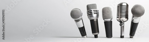 A collection of diverse microphones displayed on a neutral background, showcasing different styles for audio and performance.