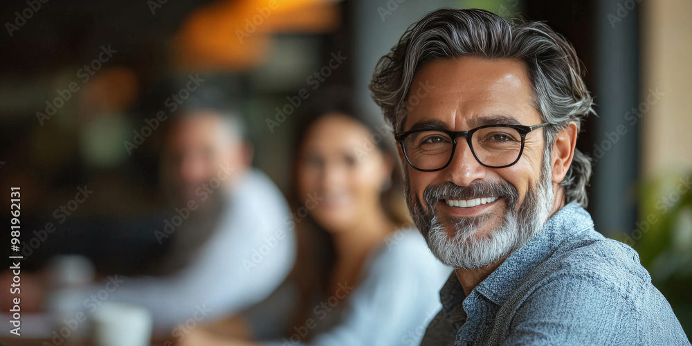 Obraz premium Smiling man with grey hair and beard in a casual setting.