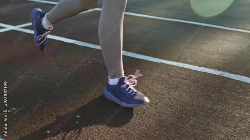 Woman's legs in violet sneakers run along the sports track at the stadium. Morning jogging and regular exercise Woman's legs in violet sneakers run along the sports track at the stadium. Morning jogging and regular exercise