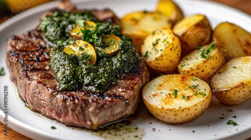 Grilled Steak with Pesto and Roasted Potatoes