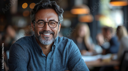 Smiling man with gray hair in a cafe