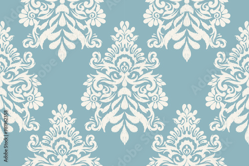 Damask seamless pattern,damask Ikat floral seamless pattern vector illustration,navy blue and white background,Aztec style,baroque pattern.design for texture,fabric,clothing,wrapping,decoration,print.