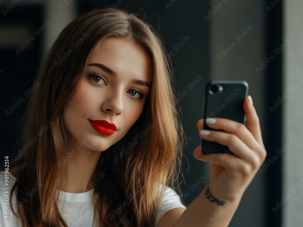 Woman with long hair and red lipstick taking a selfie. Woman with long hair and red lipstick taking a selfie.