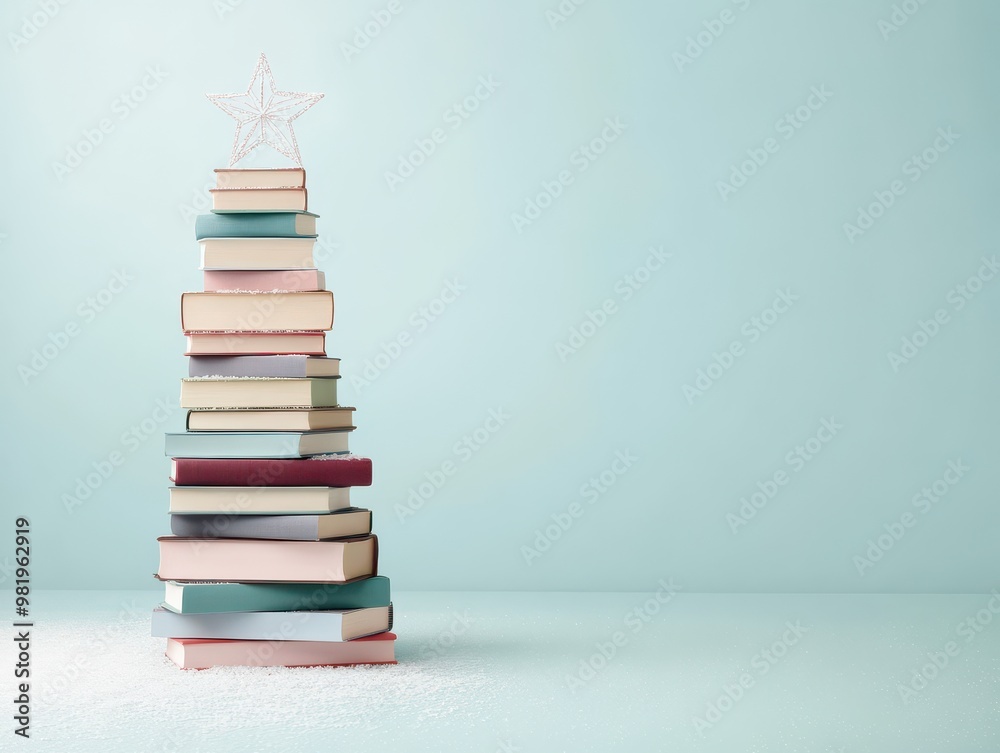 A creative book stack resembling a Christmas tree, decorated with a star against a soft blue background, perfect for festive themes. A creative book stack resembling a Christmas tree, decorated with a star against a soft blue background, perfect for festive themes.