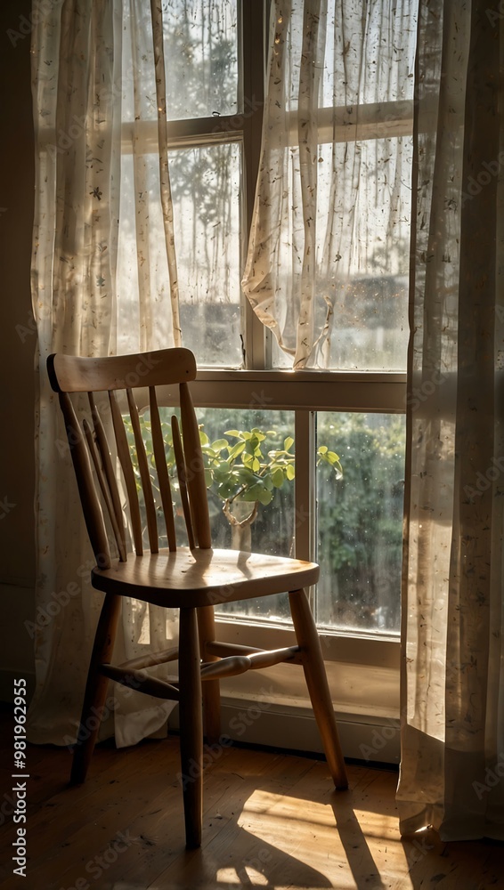 Wooden chair by window with sunlight and sheer curtains. Wooden chair by window with sunlight and sheer curtains.