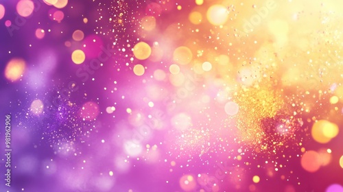 Magic background with golden bokeh with colorful purple pink yellow. Frame from golden shiny splashes, drops.