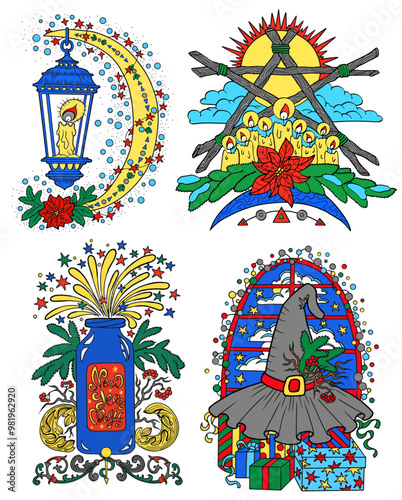 Hand drawn vector illustration with colorful emblems of lantern, pentagram, bottle and witch hat on white. Esoteric, gothic and mystic object or element. Halloween and New Year concept. 