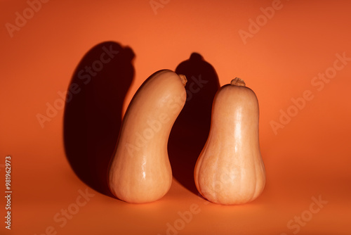 two pumpkins with big ominous shadows isolated on orange background, halloween mood