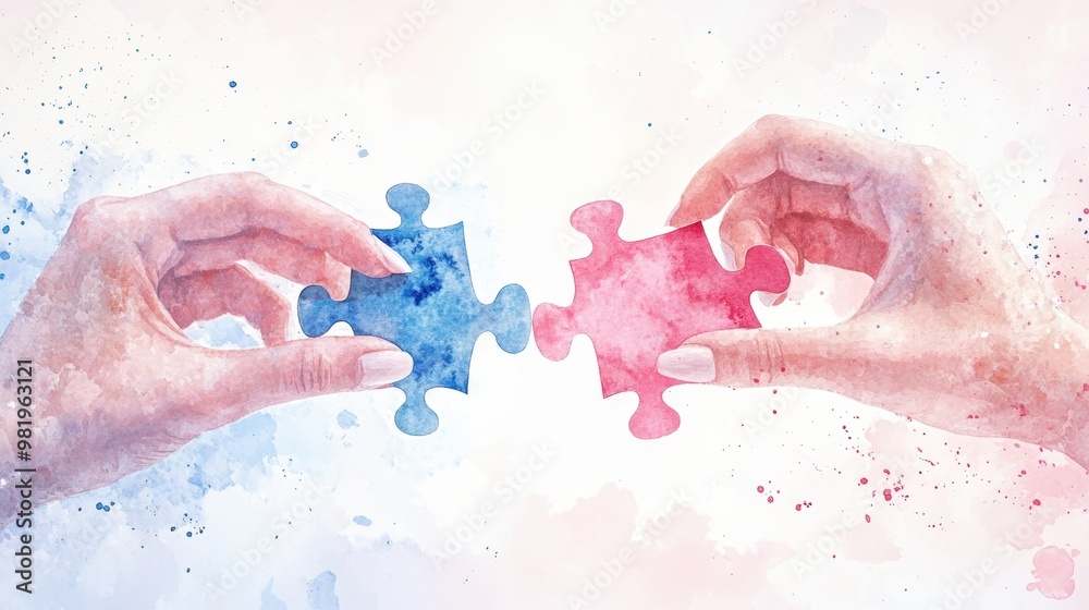 Fototapeta premium Watercolor of hands of man connecting jigsaw puzzle,Two hands trying to connect couple puzzle,business people putting the jigsaws team together,partnership success,Generative AI,3D render.
