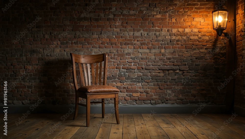 Wooden chair with rustic brick wall, warm lighting. Wooden chair with rustic brick wall, warm lighting.