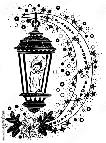 Hand drawn vector illustration with vintage old lantern and decorated moon on white. Esoteric, gothic and mystic object or element. Halloween and New Year concept. 