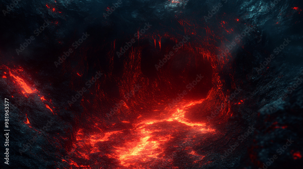 Visualize a stunning digital artwork depicting an underground molten lava cave. The cavern is expansive, with high, jagged ceilings that seem to disappear into darkness. The walls are illuminated. Visualize a stunning digital artwork depicting an underground molten lava cave. The cavern is expansive, with high, jagged ceilings that seem to disappear into darkness. The walls are illuminated.
