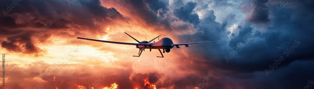 A dramatic scene of a drone flying through colorful clouds at sunset, showcasing advanced technology in action. A dramatic scene of a drone flying through colorful clouds at sunset, showcasing advanced technology in action.