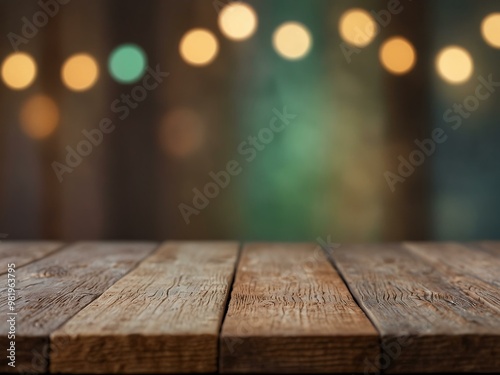 Wooden table with a pastel bokeh background, softly blurred.